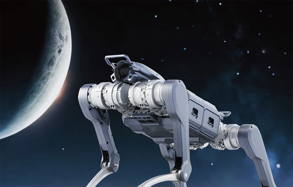 Unitree A2-W Pro w kosmosie na tle planety – wizualizacja robota jako platformy do zaawansowanych wdrożeń.